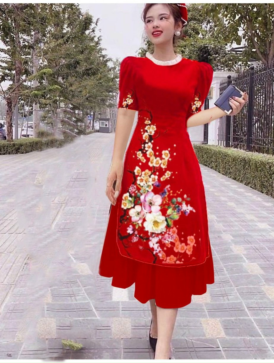 SÉT ÁO DÀI CÁCH TÂN IN HẠO TIÊT CÀNH ĐÀO