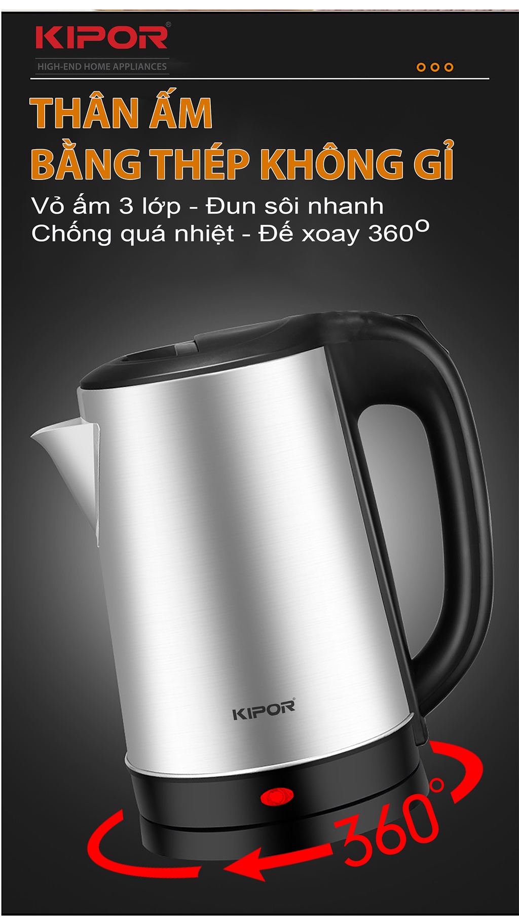 Ấm đun siêu tốc inox Kipor KP-318SA