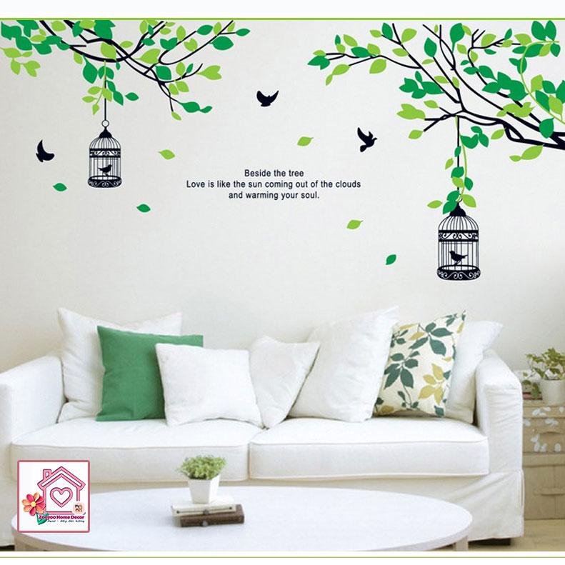 Decal dán tường Lồng chim trên cây AY9045 trang trí tường phòng khách phòng ngủ - Sticker - Miếng dán tường - Hình dán