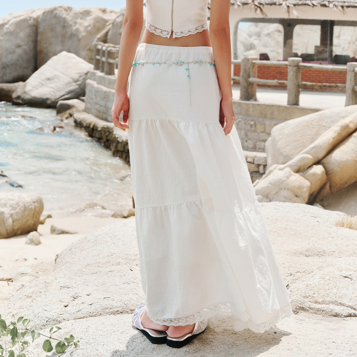 DOTTIE - Chân váy maxi phối ren - Trắng - S0208