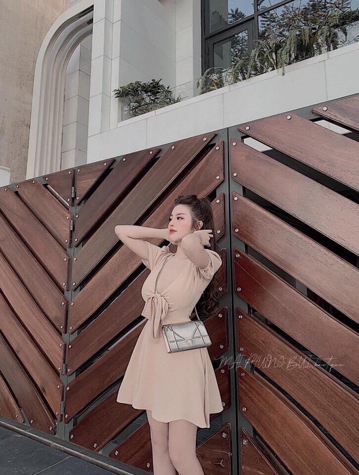 Đầm voan cổ V thắt nơ ngực sao chất TTSA0419