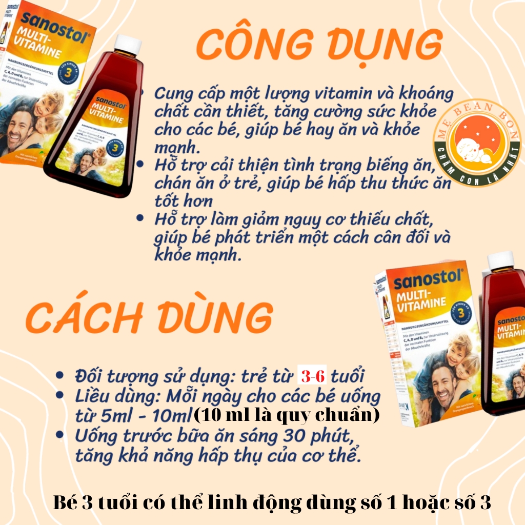 Vitamin Tổng Hợp Sanostol Số 3 Cho Bé Trên 3 Tuổi đến 6 tuổi, 460 ml bổ sung nhiều loại vitamin và khoáng chất thiết yếu Cung cấp nguồn năng lượng cho cơ thể khỏe mạnh và phát triển mỗi ngày