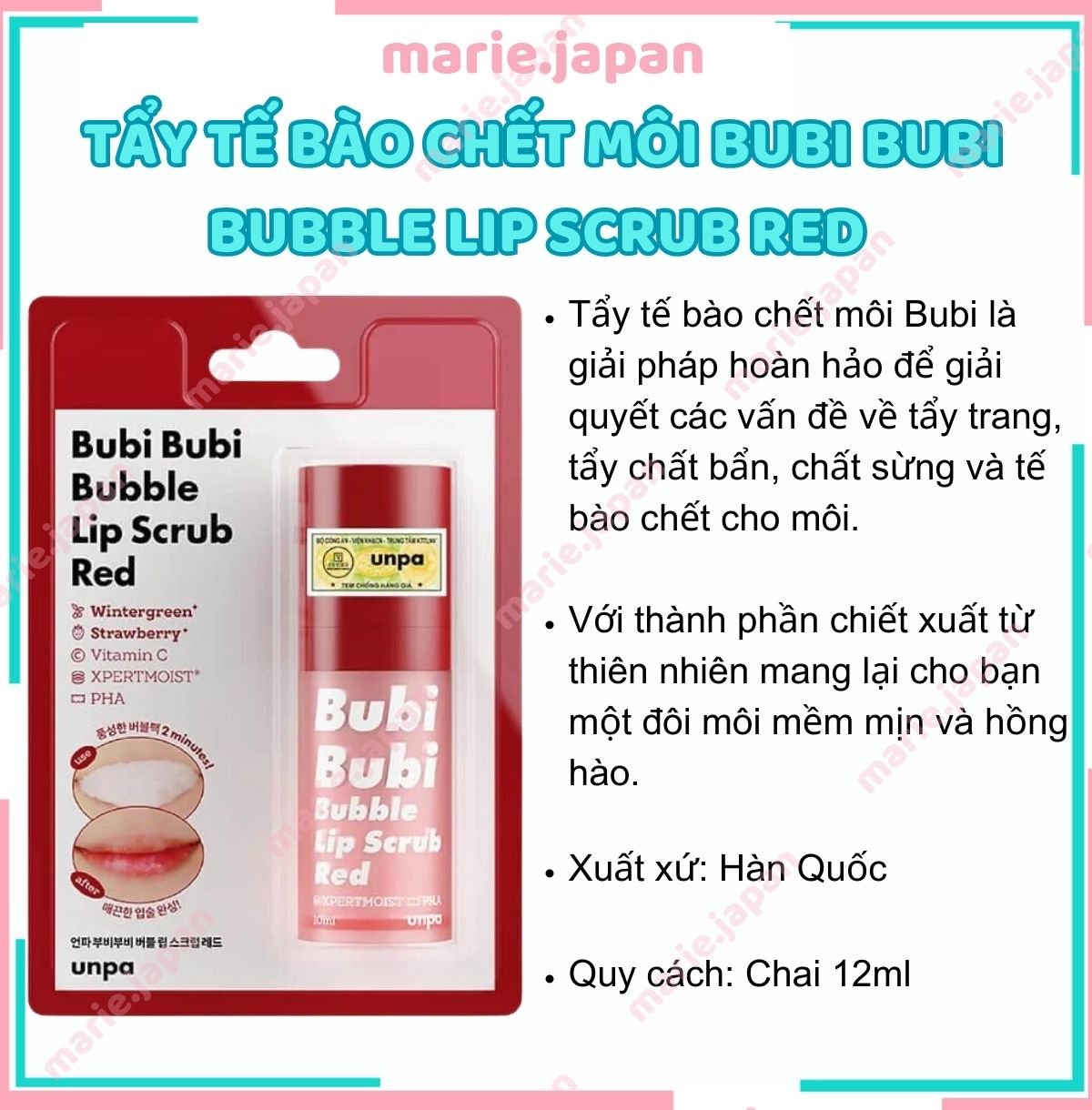 Tẩy Tế Bào Chết Môi Bubi Bubi Bubble Lip Scrub Red Sủi Bọt 10ml