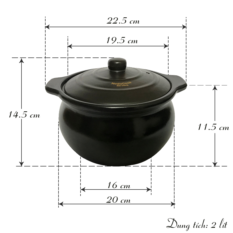 Nồi đất kho cá chịu nhiệt chuyên dụng 2 lít NodaCook (Men sứ Đen)