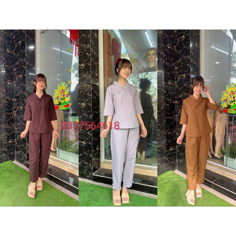 Bộ nữ đi chùa 1 nút kate không thêu.