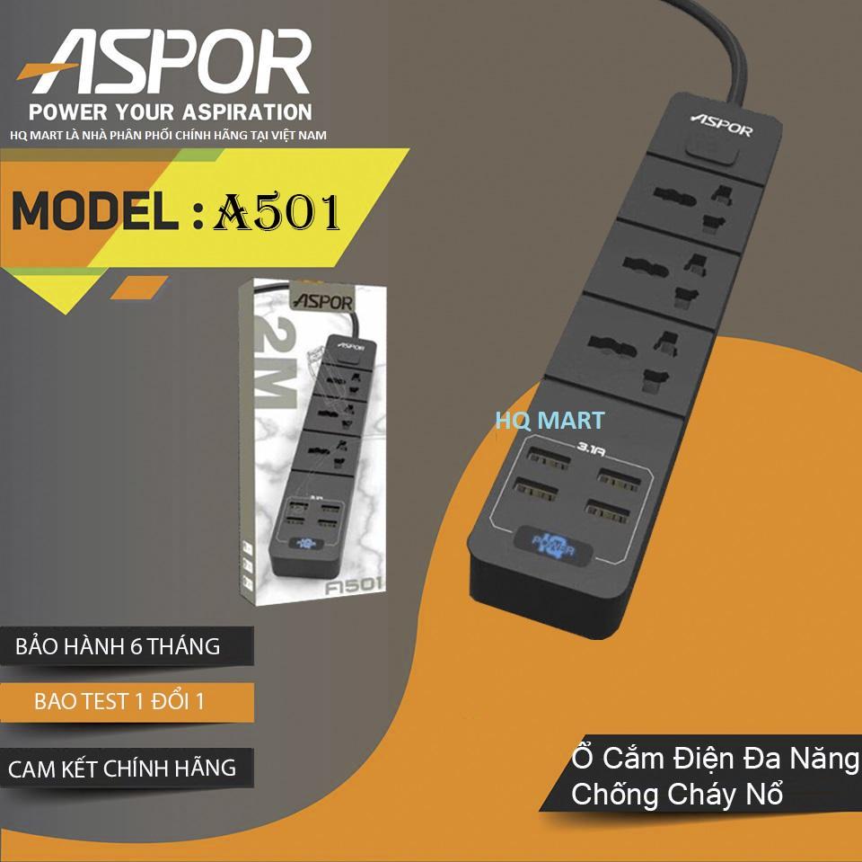 Ổ cắm điện thông minh 4 USB sạc nhanh 3.4A dây dài 2 mét ASPOR A501 EU Ổ cắm đa năng Ổ điện công tắc chip điều khiền tự động dòng điện sạc trực tiếp điện thoại di động thay thế củ sạc đảm bảo an toàn chống cháy nổ công tắc th