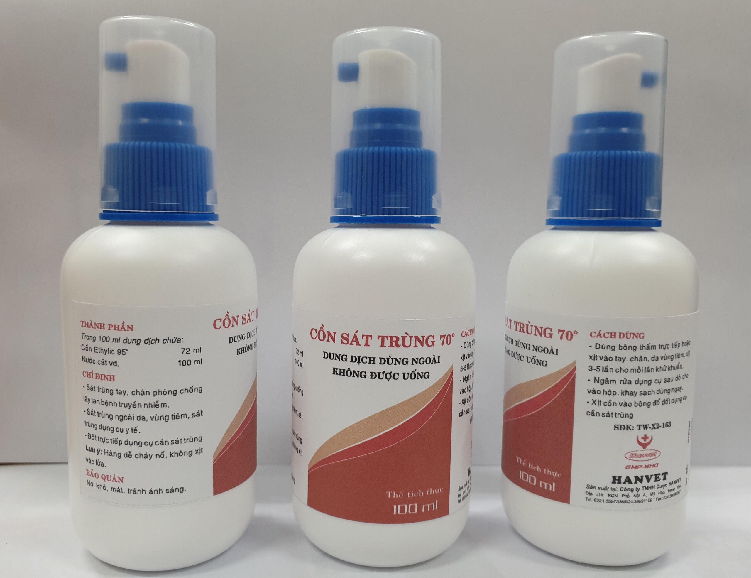 Combo 3 Chai xịt cồn sát trùng Hanvet 70 độ - lọ 100ml (phòng chống virut Corona)