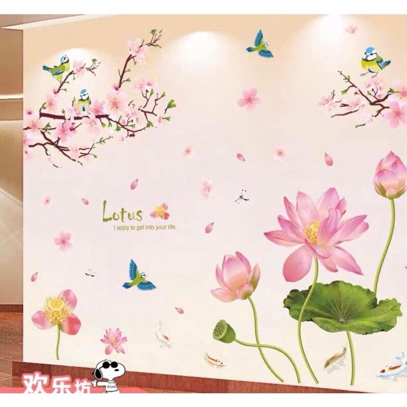 Decal dán tường cành đào và sen hồng( tranh ghép)