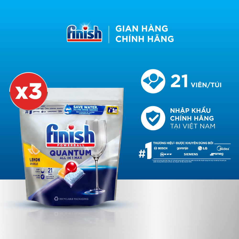 Combo 03 túi Viên Rửa Chén Bát Finish Powerball Quantum 21 viên