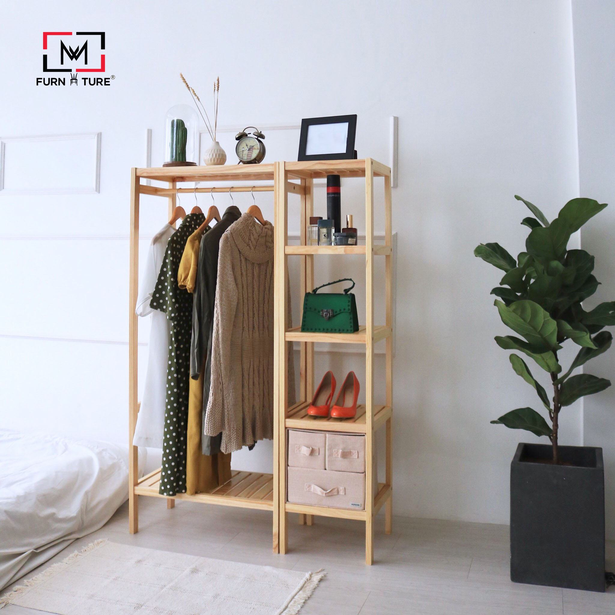 Combo tủ treo quần áo và kệ lắp ráp - khung treo quần áo - kệ gỗ 5 tầng - 순수원목