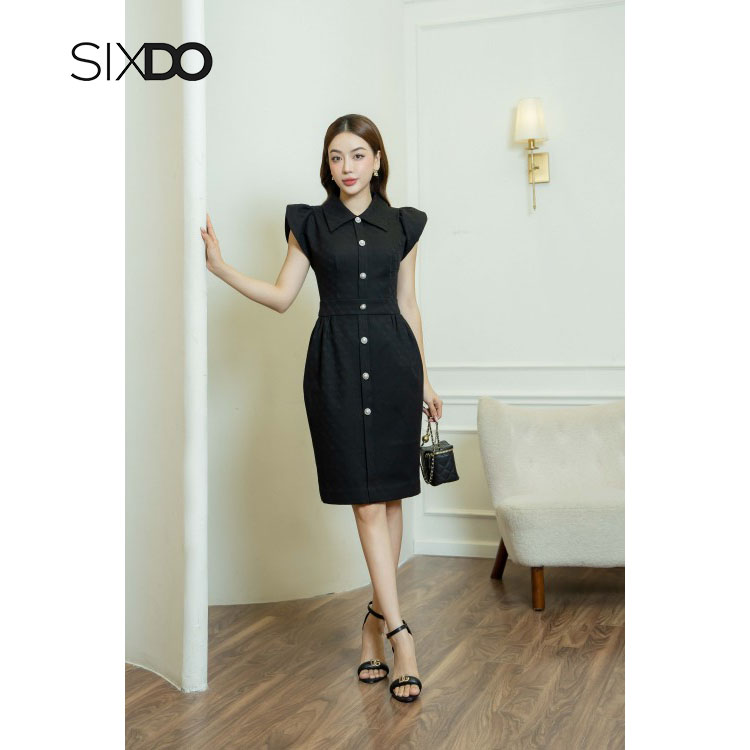 Đầm đen cổ sơ mi tay hến SIXDO (Black Cap Sleeves Mini Raw Dress)