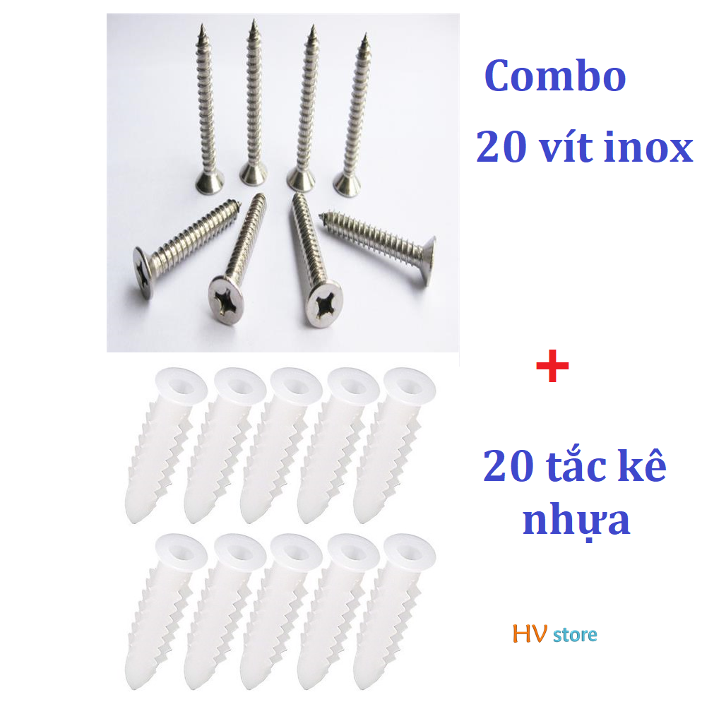 Combo 20 vít inox và 20 nở nhựa gắn tường - Tự chọn kích cỡ