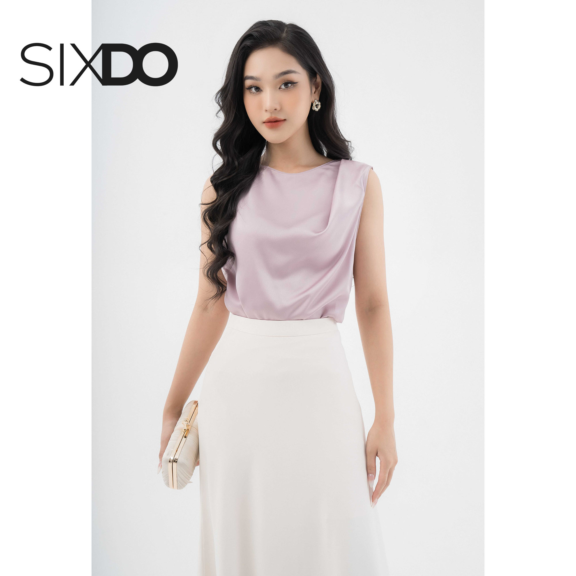 Áo lụa tím kiểu nữ sát nách SIXDO (Purple Sleeveless Silk Top)