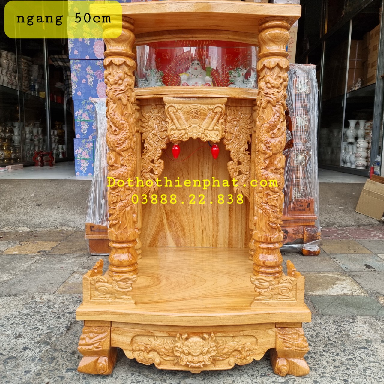 Bàn thờ thần tài ông địa gỗ gõ đỏ ngang 50 cm hộp đèn