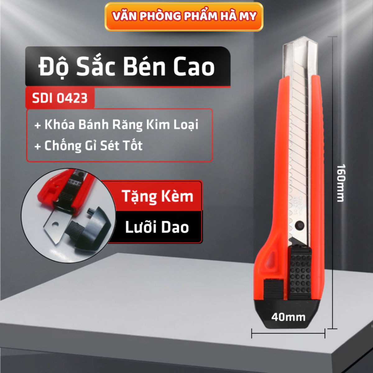 Dao Dọc Giấy SDI Lớn 0423, Dao Rọc Giấy 18mm Có Khóa Răng Kim Loại Thép Không Gỉ