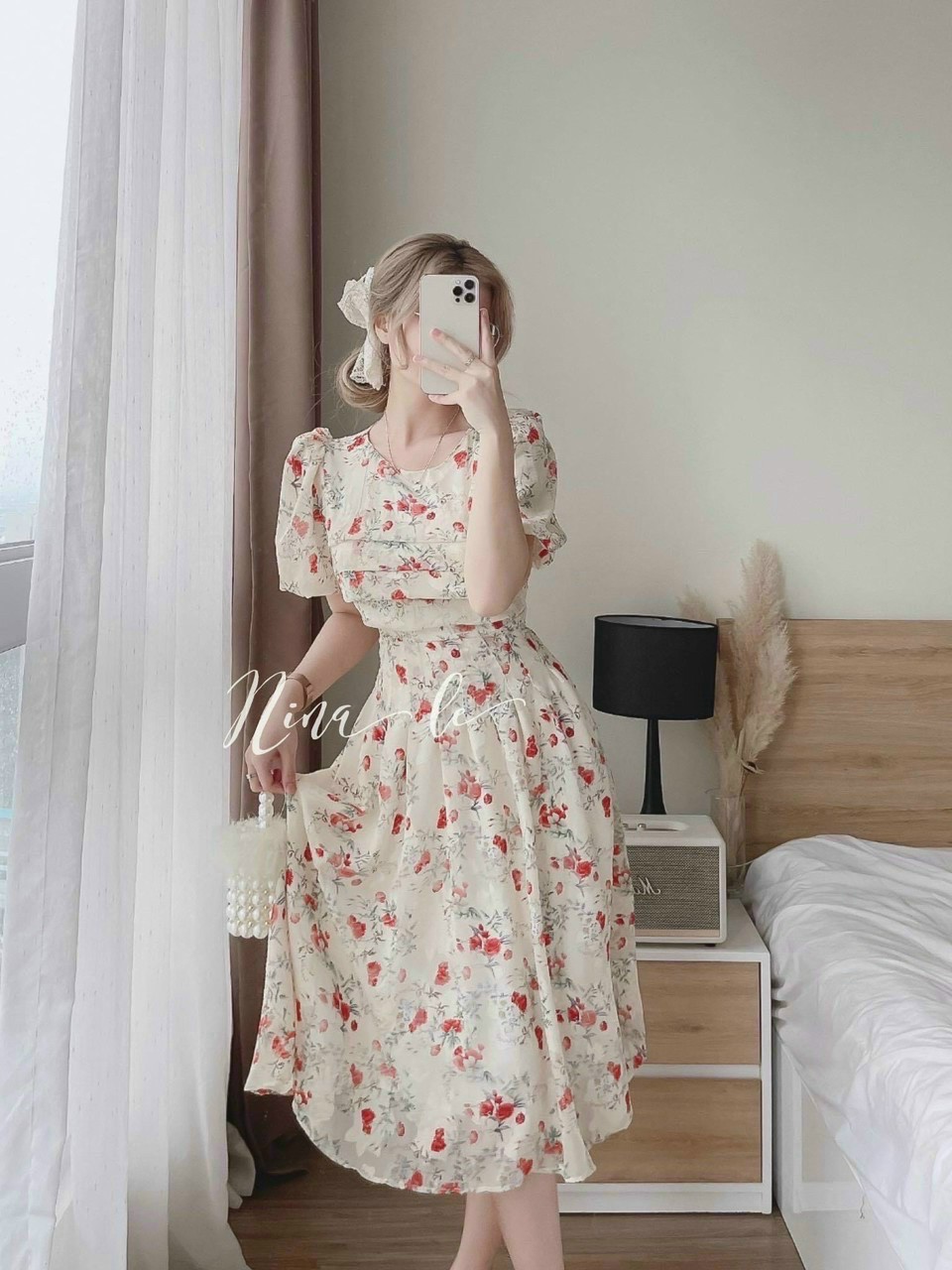 Đầm maxi voan hoa chingfon 2 lớp cao cấp