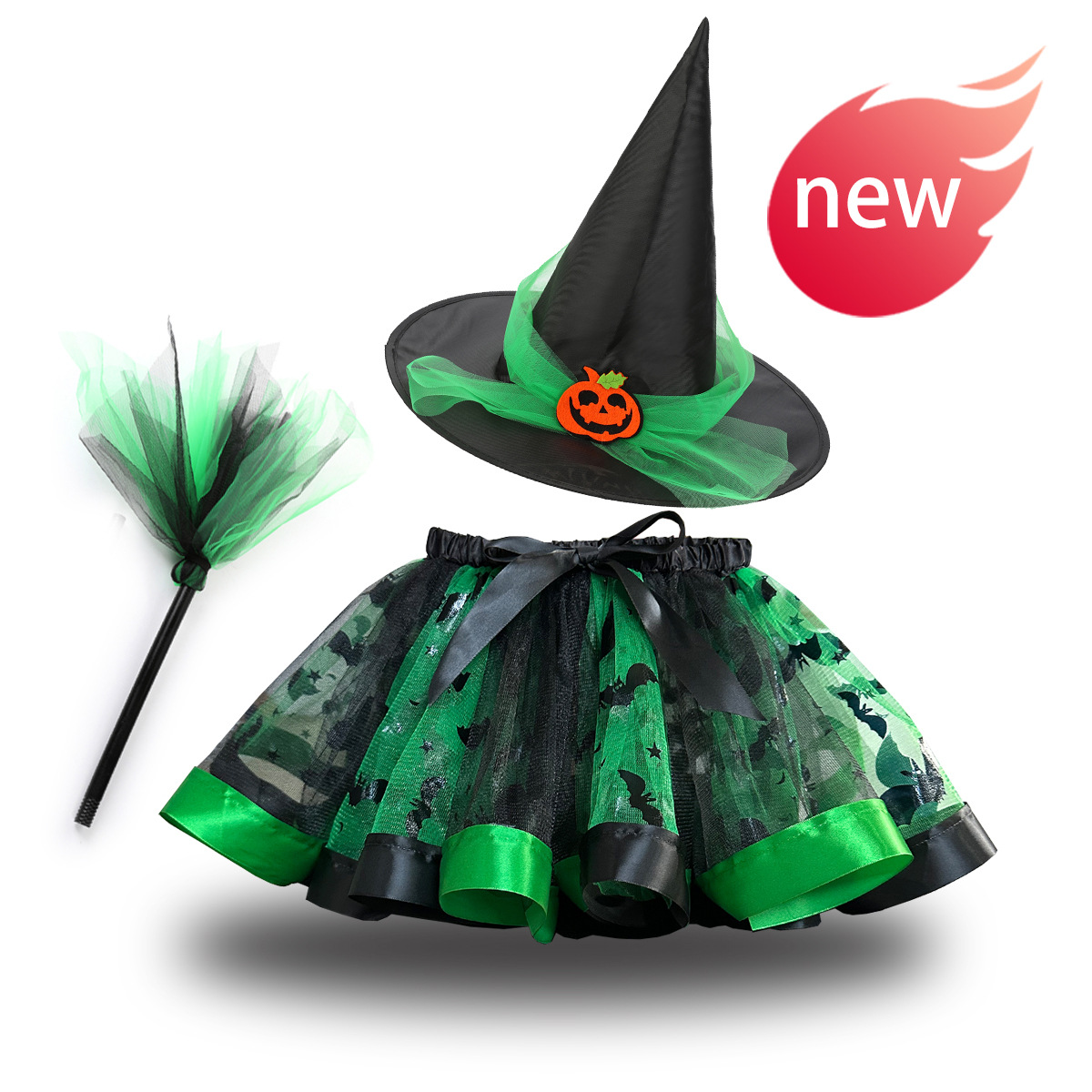 Set đồ hóa trang Halloween cho bé gái gồm chân váy xòe tutu, nón phù thủy và chổi bay siêu đáng yêu size S M L