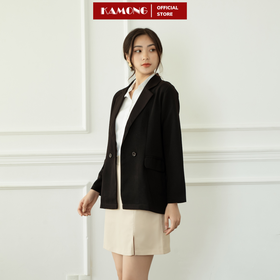 Áo blazer nữ tay dài KAMONG phong cách cổ vest công sở