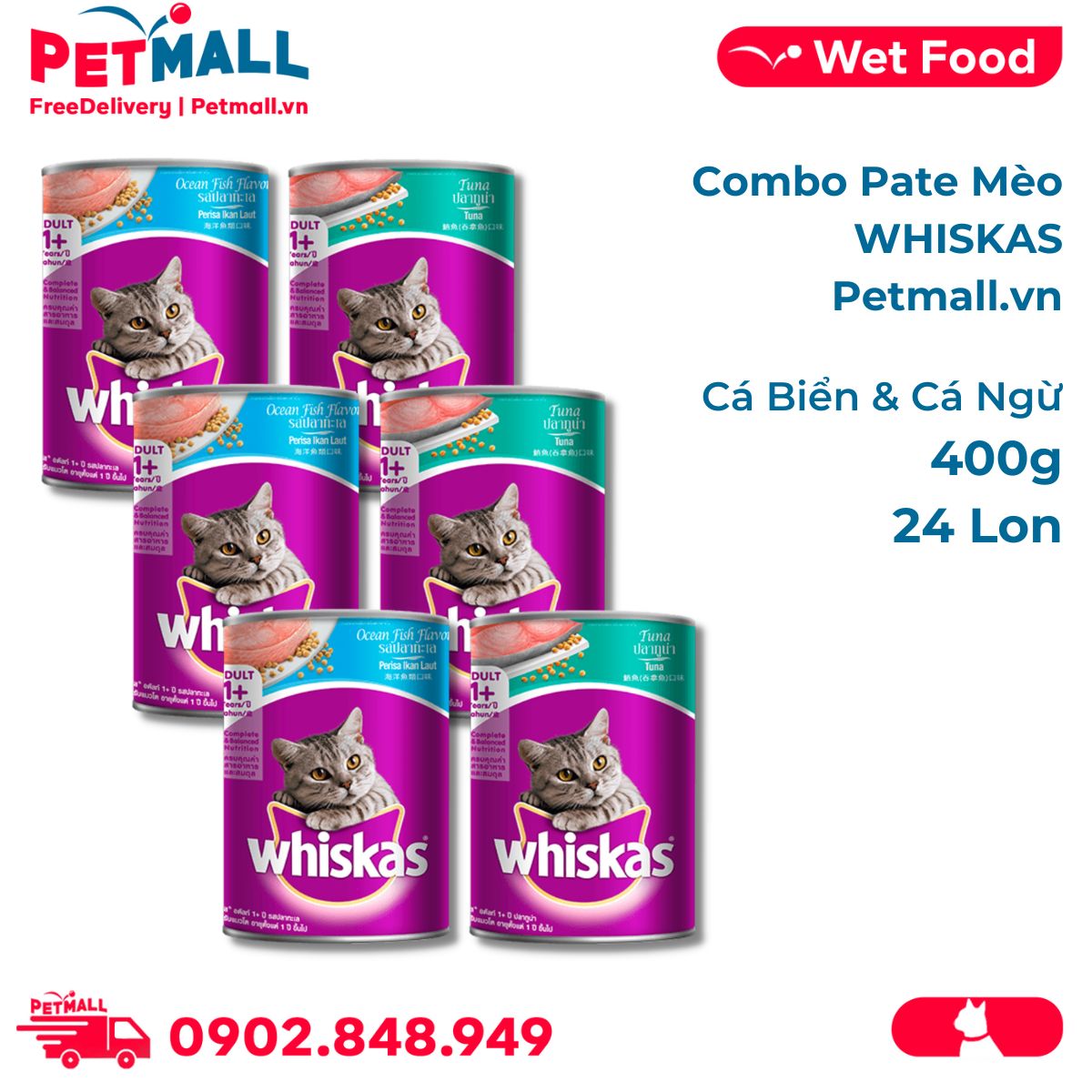 Combo pate mèo whiskas 400g mix vị - 24 lon - cá ngừ & cá biển petmall