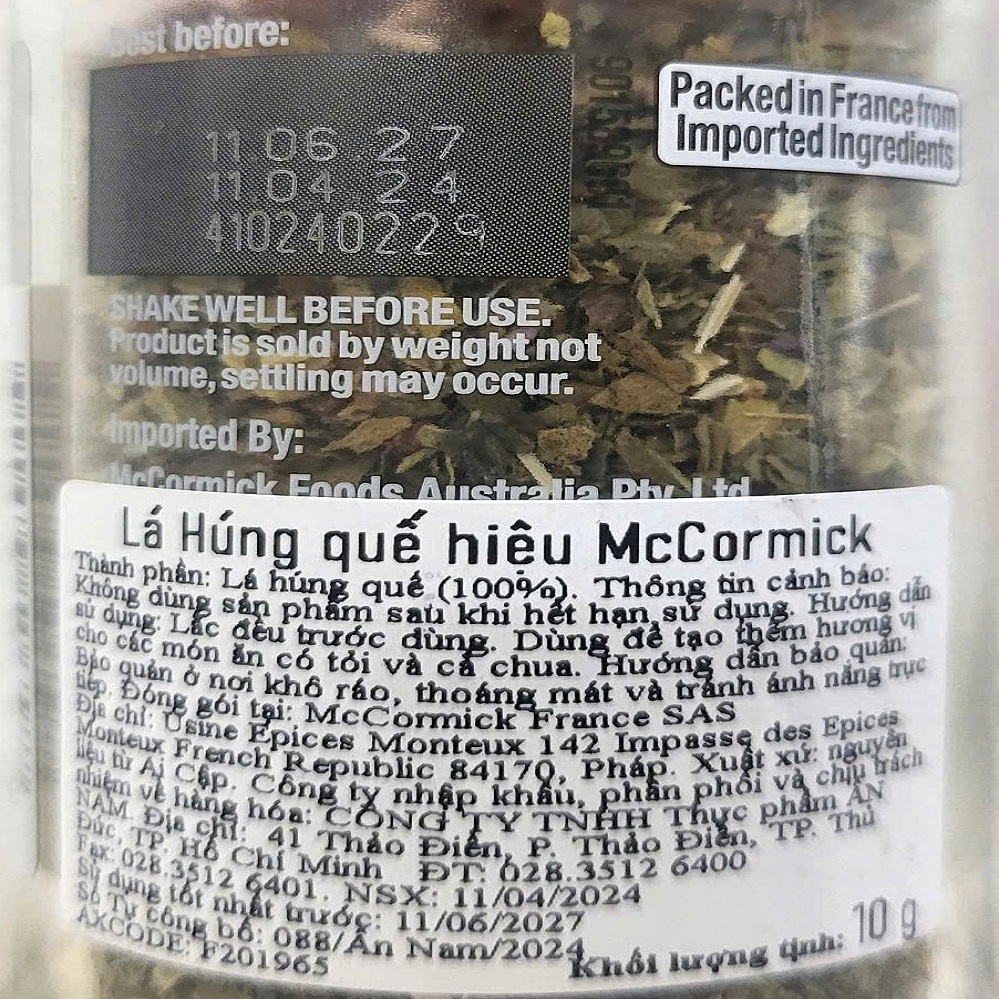 (Lọ 10g) LÁ HÚNG QUẾ Basil Leaves MCCORMICK