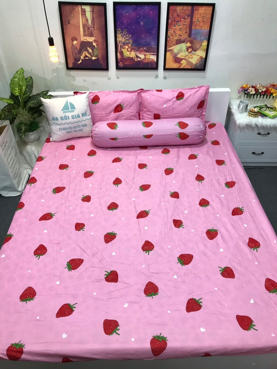 (FreeShip MAX) Set 3 Món Ga Gối Poly Cotton Mẫu Dâu Tây Hồng
