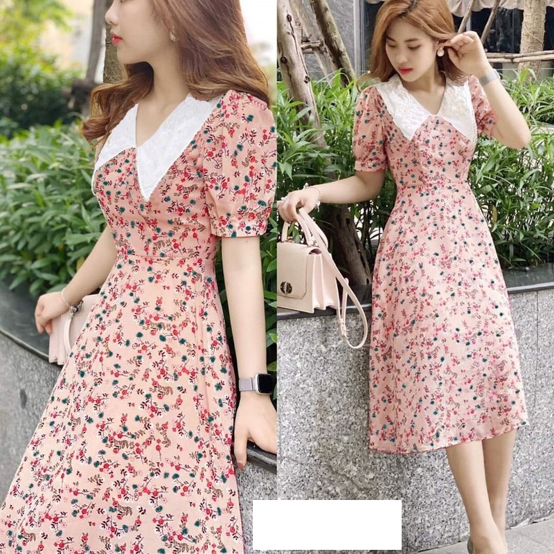 Đầm hoa xòe cổ sen nhọn siêu xinh