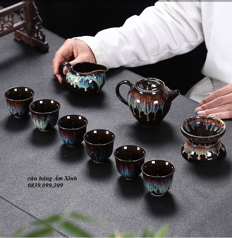 Bộ ấm chén pha trà men thiên mục Lông thỏ hỏa biến
