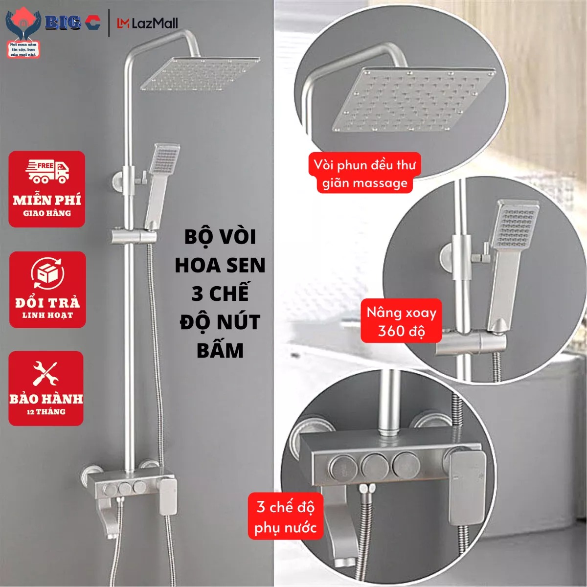 Vòi sen tắm, bộ vòi sen tắm đứng, sen cây inox 304, sen cây tắm, Bộ sen cây tắm đứng nóng lạnh 3 chế độ nút bấm có khay để đồ, Sen vòi tắm - Bảo hành chính hãng.