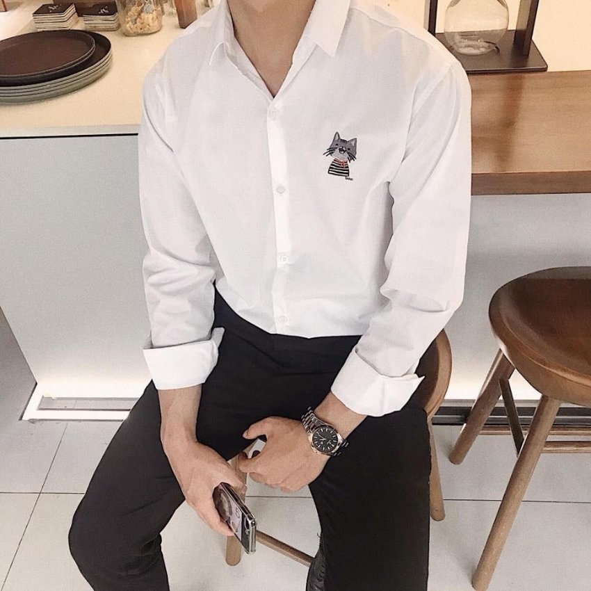 Áo Sơ Mi Nam Dài Tay Hàn Quốc Phối Họa Tiết Cute