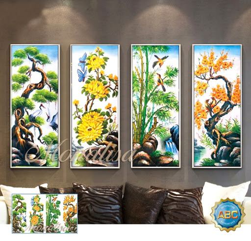 Tranh thêu Tứ Quý, Tranh bộ - Tùng Cúc Trúc Mai [lv3346 ] kích thước 110x75cm