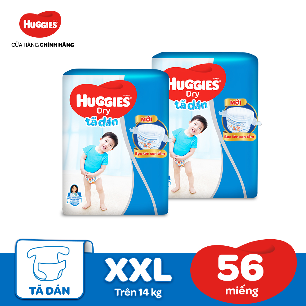 Bộ 2 Tã/bỉm dán Huggies Dry Super Jumbo XXL56 – Gói 56 miếng (Cho bé trên 14kg)