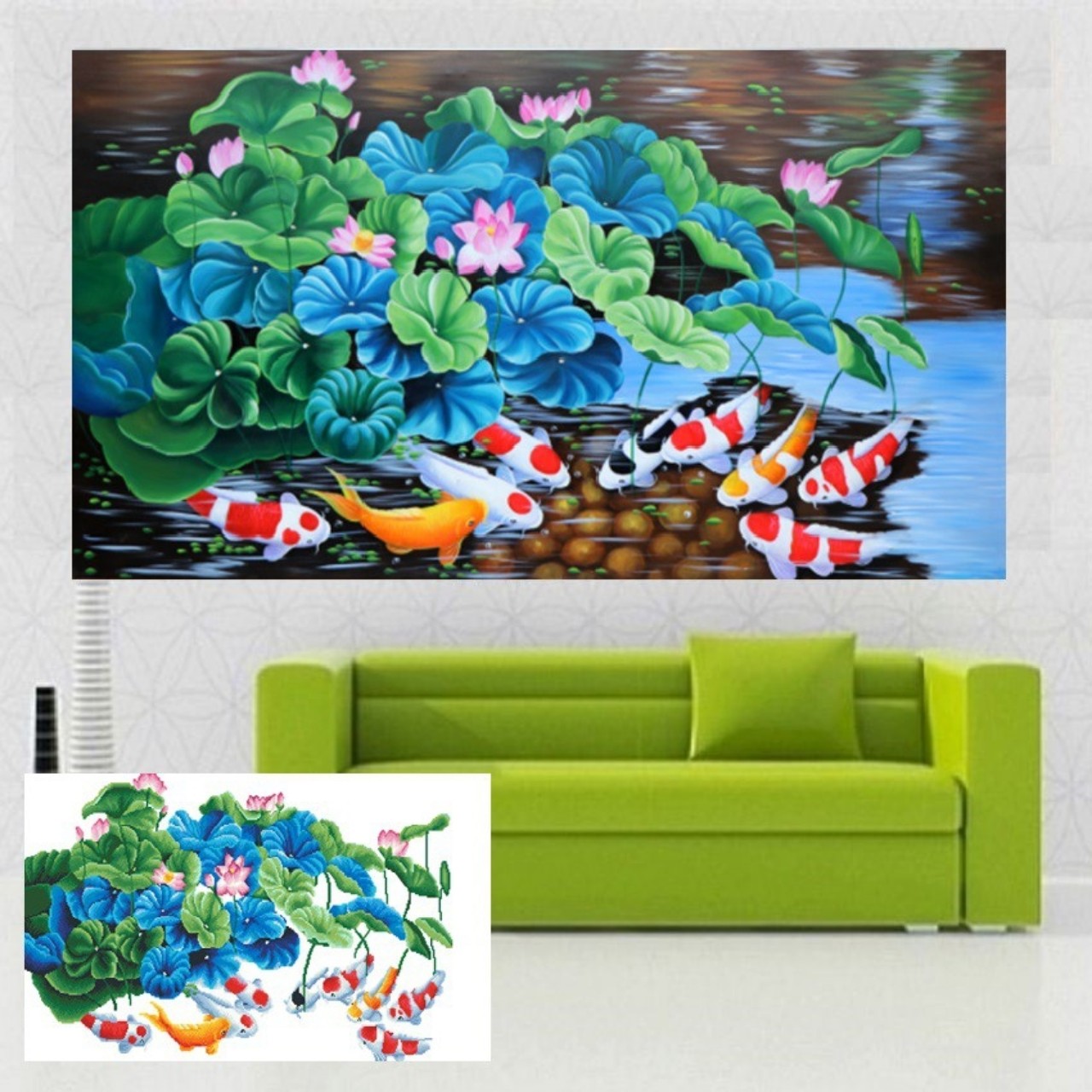 Tranh đính đá Cửu ngư quần hội 120x65cm