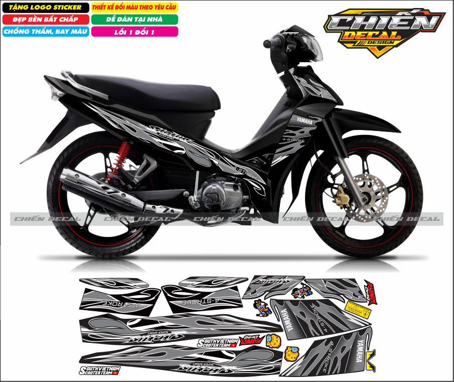 Tem rời xe sirius RC 100cc - 50cc mẫu tem lửa màu đen nhiều kiểu lụa chọn - tem lửa chế sirius (tem 3 lớp)
