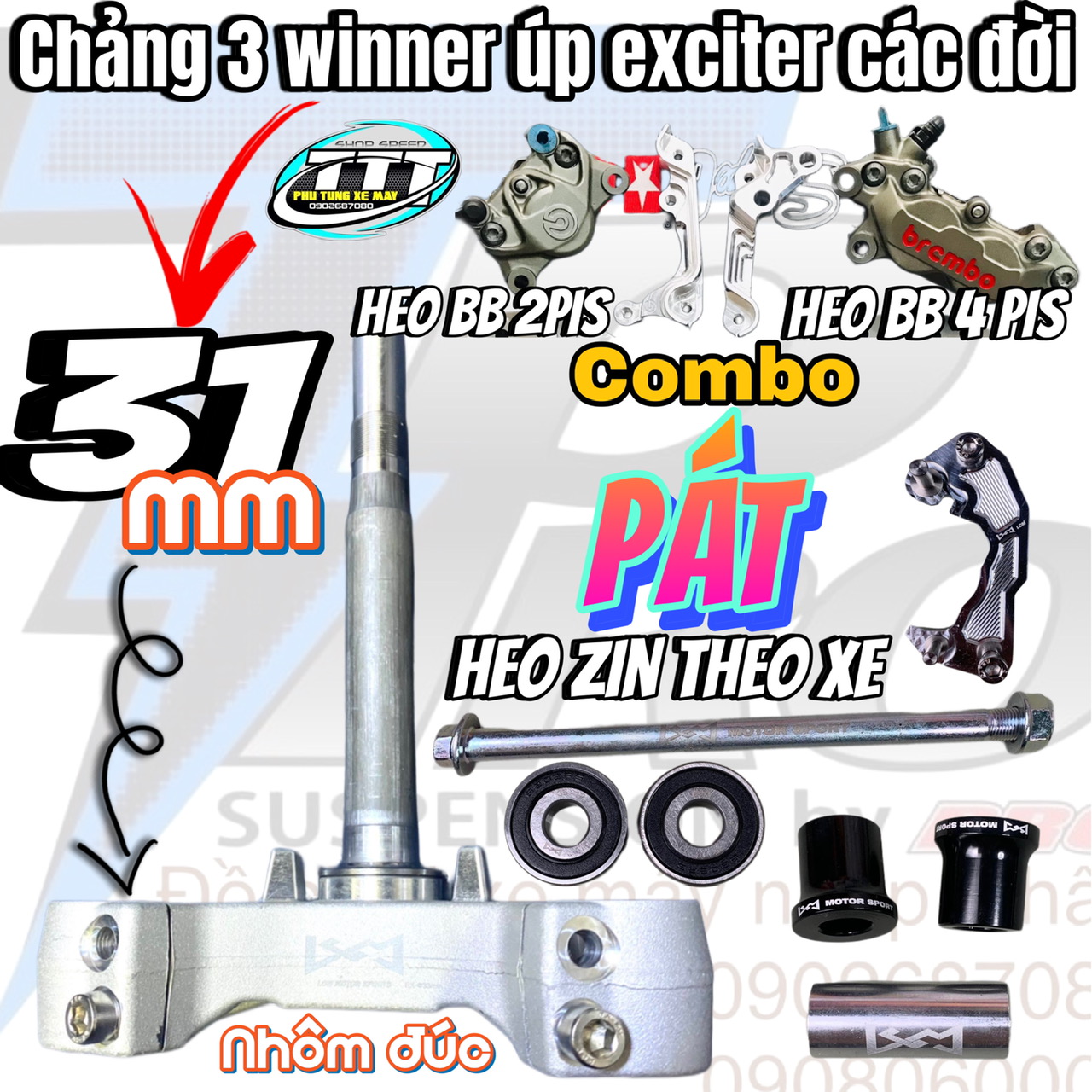 Version 2 - Chảng 3 nhôm phuộCtrước winner + bạc đạn + bộ canh cốt up ex150 LCM