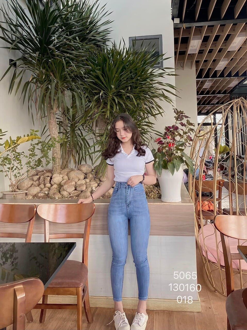 Set jeans dài co giãn trơn + crop petter phối viền