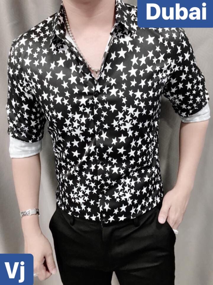 ÁO SƠ MI LỤA NAM CHỐNG NHĂN NGÔI SAO TRẮNG ĐEN CAO CẤP - DUBAI FASHION