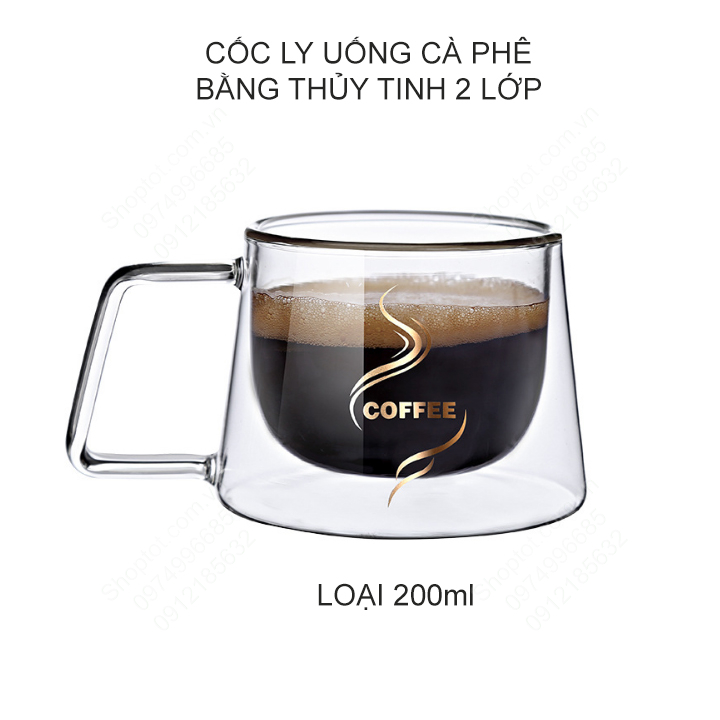 Cốc ly uống cà phê bằng thủy tinh loại 2 lớp, chuyên dùng uống cà phê, uống trà đa năng loại 200ml hoặc 300ml tùy chọn