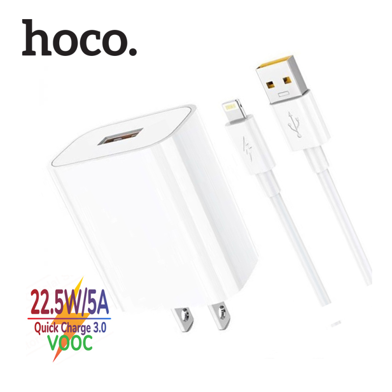 Bộ sạc nhanh 22.5W Hoco DC19 Lightning USB sạc nhanh 5A/Q.C 3.0 hỗ trợ sạc VOOC, kèm dây dài 100cm