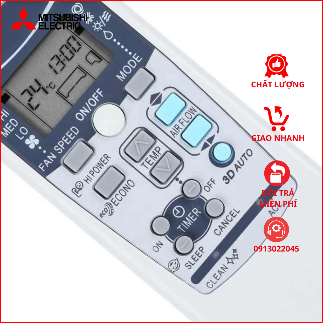 Điều khiển cho điều hòa MITSUBISHI (Màu xám có nút xanh)