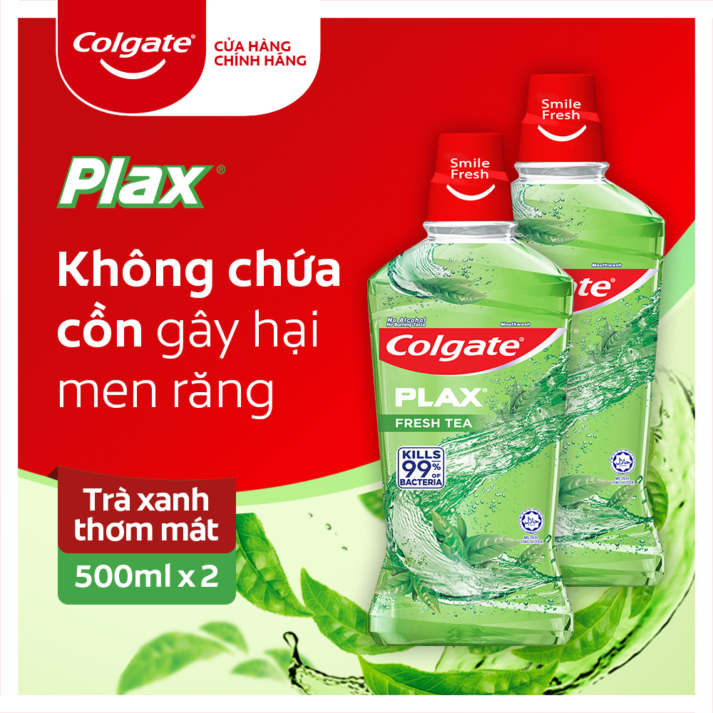 Bộ đôi Nước súc miệng Colgate diệt 99% vi khuẩn Plax trà xanh 500ml chai