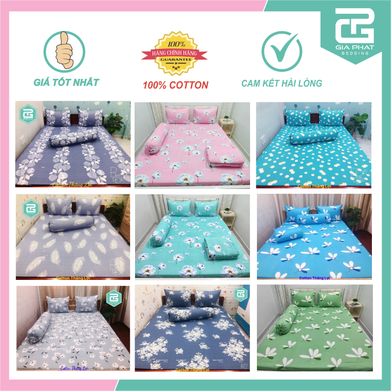 Bộ ga gối Thắng Lợi {5 món} 100% Cotton chuẩn logo ( 1 chăn + 1 ga bọc + 2 vỏ gối nằm + 1 vỏ gối ôm -inbox chọn mẫu )