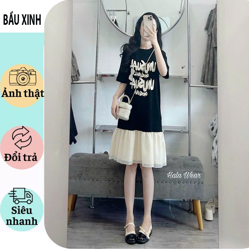 Váy bầu đầm bầu mùa hè siêu sang mềm mát-đầm bầu thiết kế dáng xuông đuôi viền bèo in hình micky đẹp