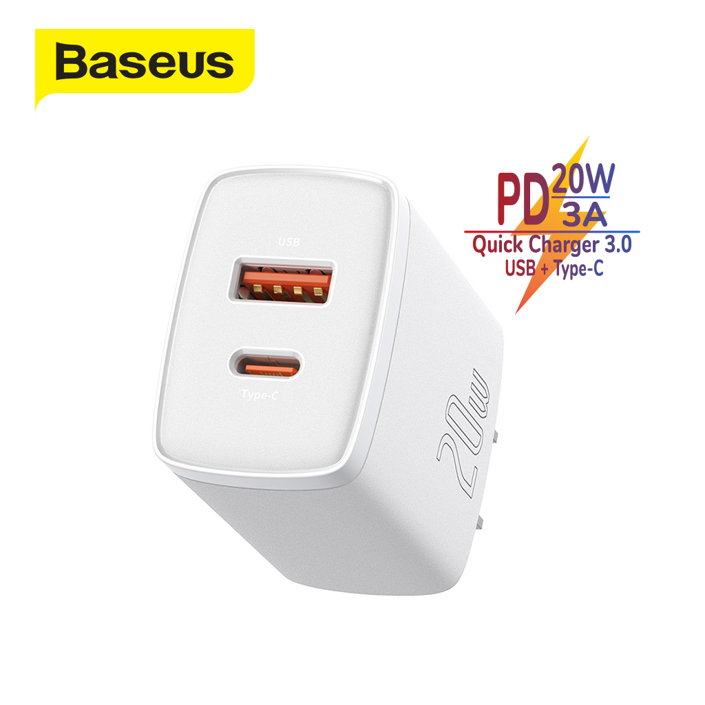 Củ sạc nhanh PD20W Baseus Compact, hỗ trợ Quick Charger ( USB + Type C Dual Port, QC 3.0 Multi Quick Charge Support ) chân cắm US