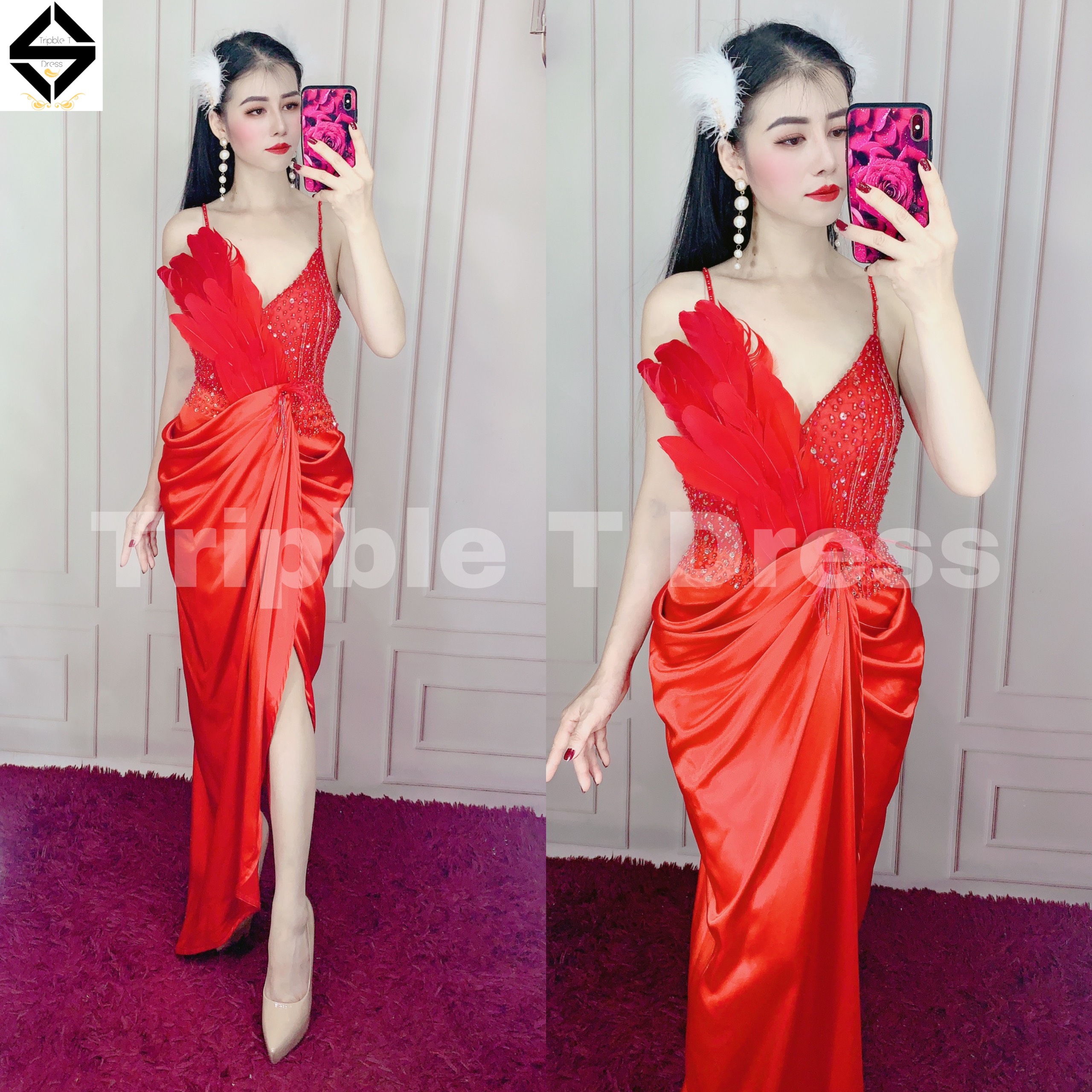 Đầm body dự tiệc 2 dây tripble t dress phối cườm ôm dáng - size m/l - ms371v