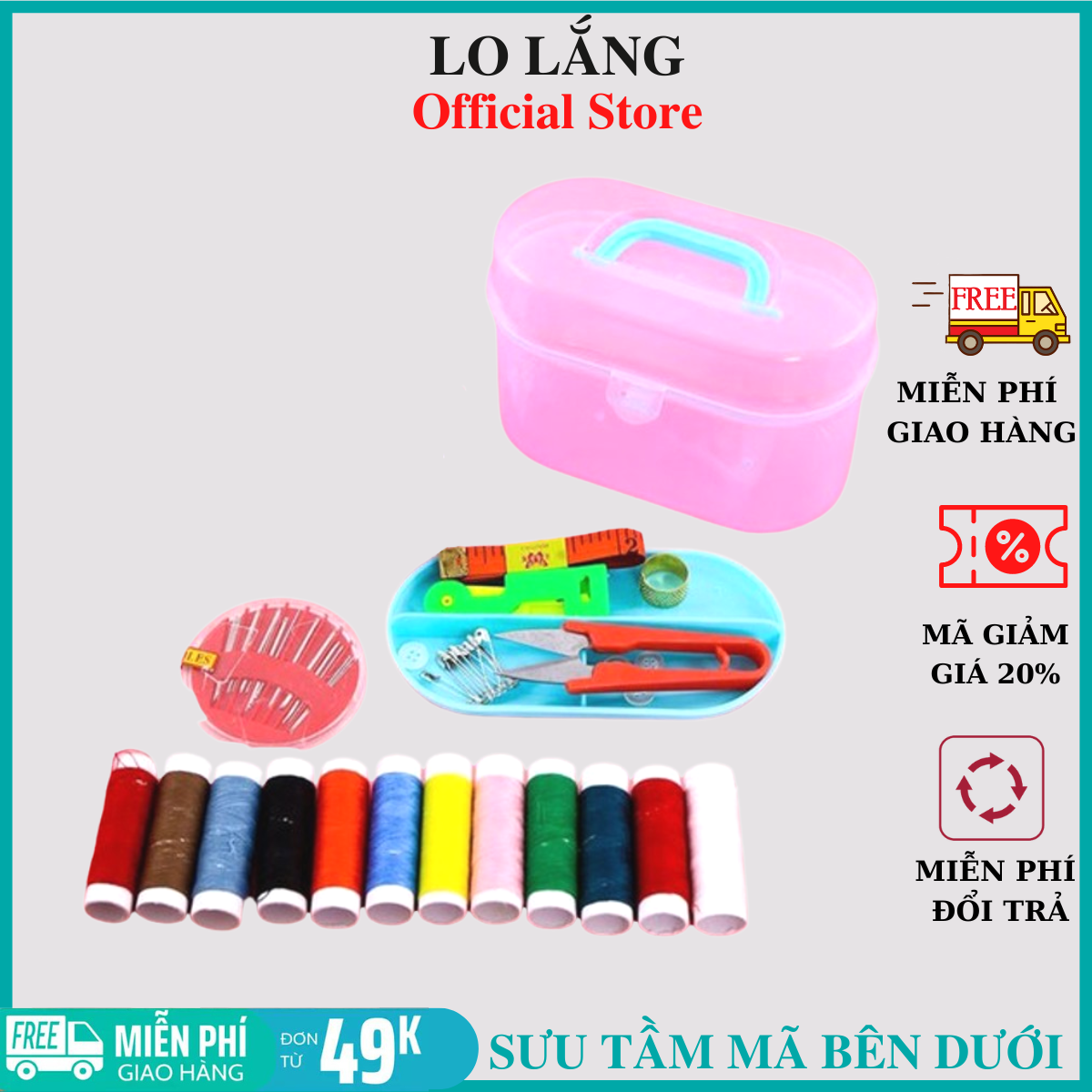 HỘP KIM CHỈ MAY GIA ĐÌNH 12 cuộn chỉ các màu 01 hộp kim các loại (16 chiếc) 01 kéo cắt chỉ 01 thước dây 01 dụng cụ xỏ chỉ 10 kim băng 02 cúc bấm
