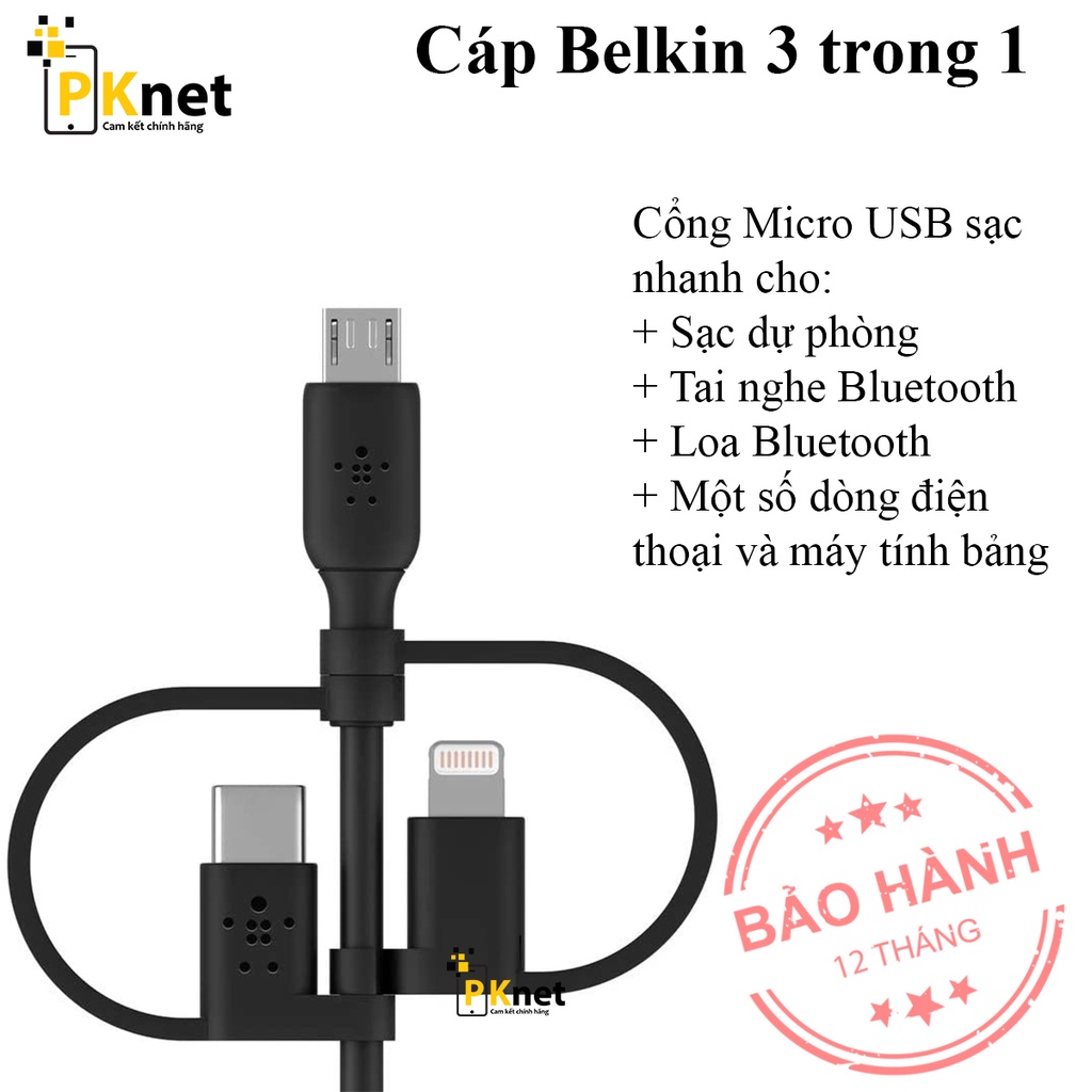 Dây sạc 3 trong 1 Belkin Chính hãng ( 3 cổng: Lightning, USB-C và Micro USB) [Nobox. bảo hành 12 tháng lỗi 1 đổi 1]