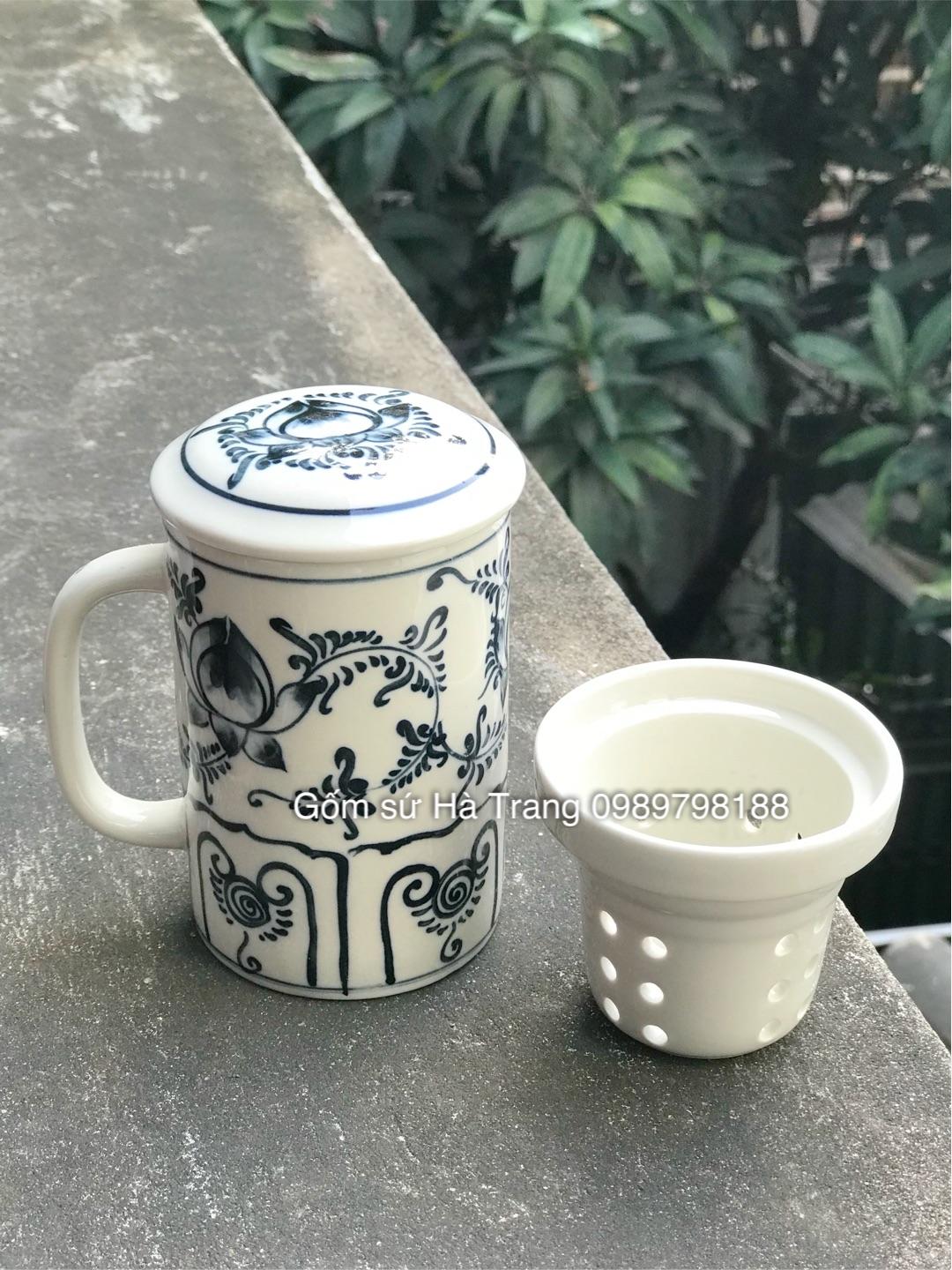 Cốc lọc trà gốm sứ Bát Tràng cao cấp vẽ sen
