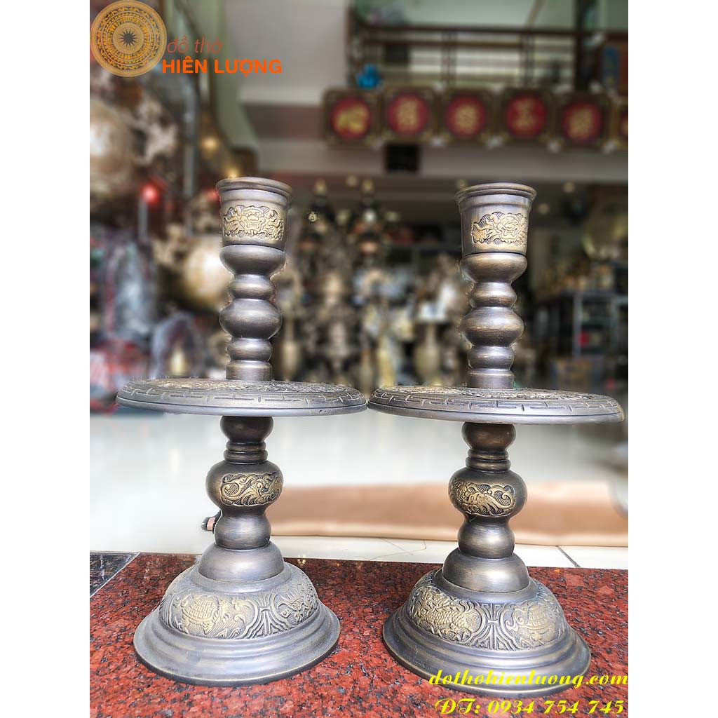 40cm high 3 black brass candle holders pair