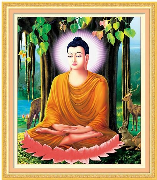 Tranh THÊU  CHỮ THÂP phật ngồi gốc bồ đề thích hợp treo phòng thờ có nhiều mẫu và kích thước