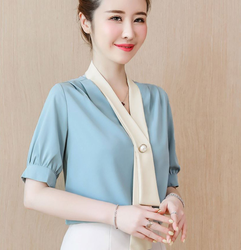 Áo kiểu tay ngắn phối cà vạc sành điệu❤️💥freeship❤️💥 áo kiểu nữ công sở